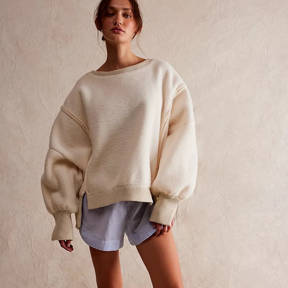Free People Cozy Camden Cream white fuzzy sherpa sweater NWT - Picture 1 of 5